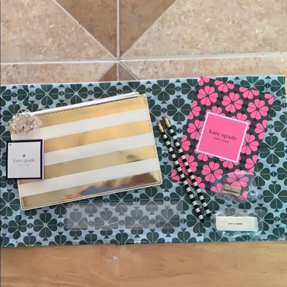 Kate Spade Gold Stripe 6 Piece Pencil Pouch / Case Set.